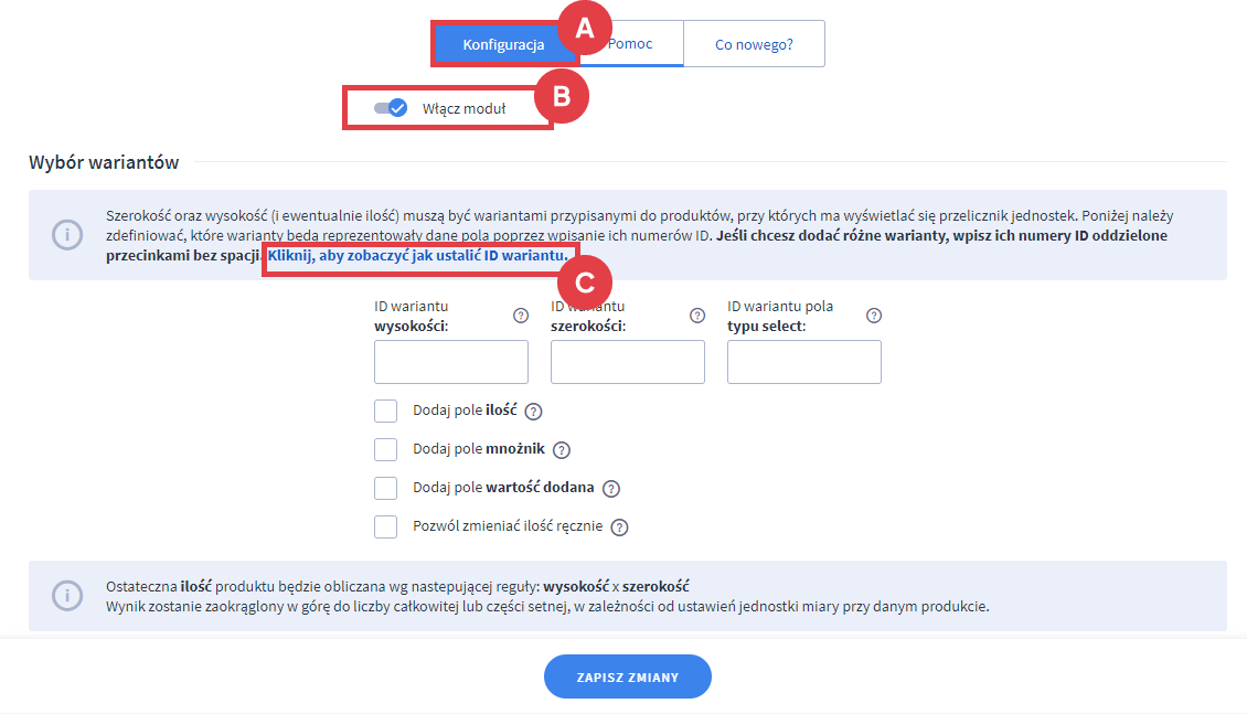 Panel administracyjny sklepu > Dodatki i integracje > Moje aplikacje > Przelicznik jednostek powierzchni > Konfiguracja
