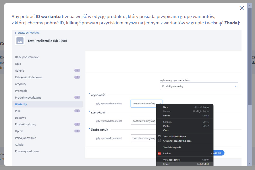 Panel administracyjny sklepu > Dodatki i integracje > Moje aplikacje > Przelicznik jednostek powierzchni > Konfiguracja > ID wariantu