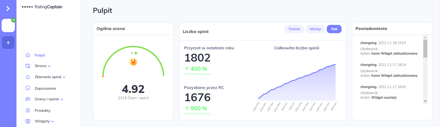 Panel administracyjny sklepu > Dodatki i integracje > Moje aplikacje > Rating Captain Opinie > Pulpit