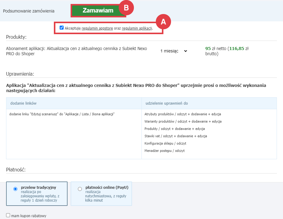 Panel administracyjny sklepu > Dodatki i integracje > Aplikacje > Aktualizacja cen z aktualnego cennika z Subiekt Nexo PRO do Shoper > Instalacja