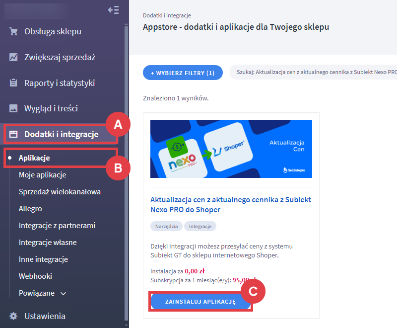 Panel administracyjny sklepu > Dodatki i integracje > Aplikacje > Aktualizacja cen z aktualnego cennika z Subiekt Nexo PRO do Shoper