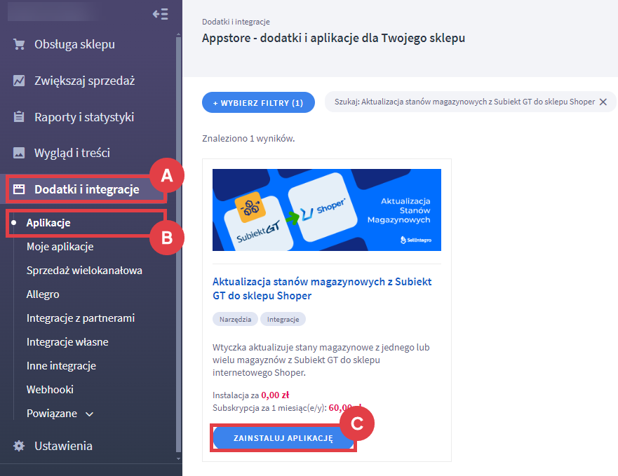 Zainstaluj wtyczkę do aktualizowania stanów magazynowych z Subiekt GT do Shoper Panel administracyjny sklepu > Dodatki i integracje > Aplikacje > Aktualizacja stanów magazynowych z Subiekt GT do sklepu Shoper