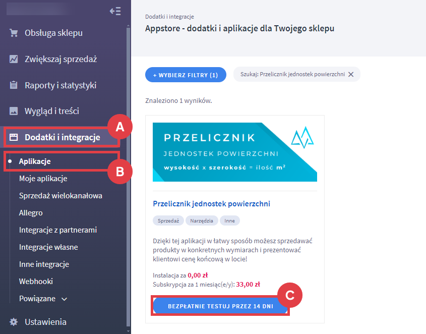 Panel administracyjny sklepu > Dodatki i integracje > Aplikacje > Przelicznik jednostek powierzchni