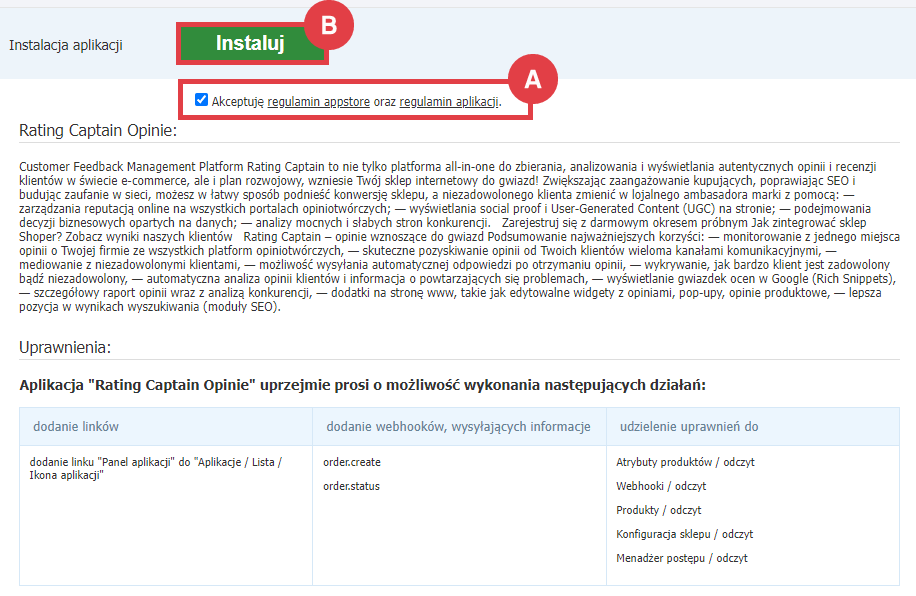 Panel administracyjny sklepu > Dodatki i integracje > Aplikacje > Rating Captain Opinie > Instalacja