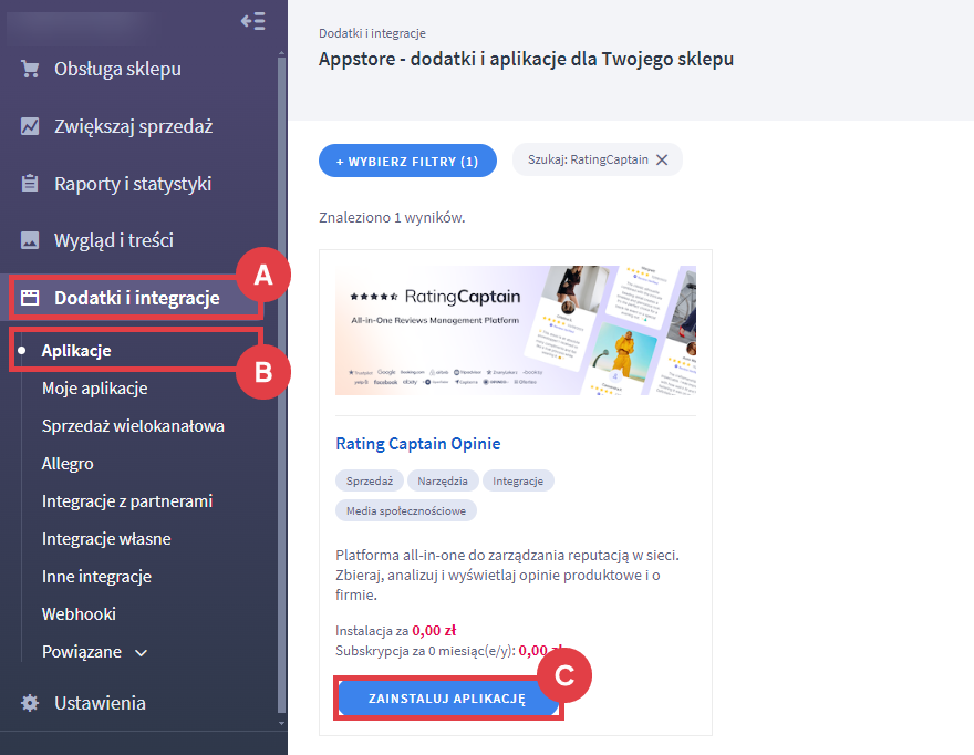 Panel administracyjny sklepu > Dodatki i integracje > Aplikacje > Rating Captain Opinie