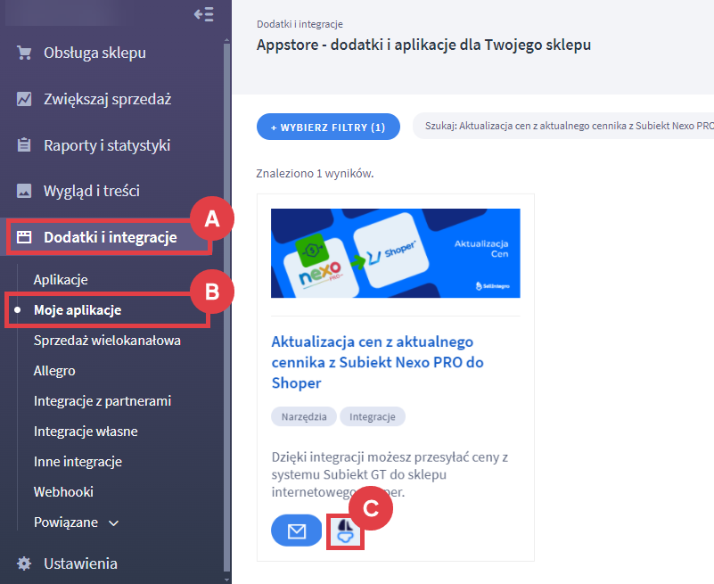 Panel administracyjny sklepu > Dodatki i integracje > Moje aplikacje > Aktualizacja cen z aktualnego cennika z Subiekt Nexo PRO do Shoper