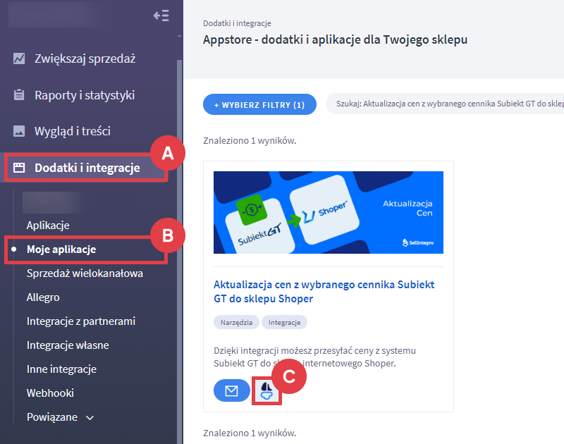 Edytuj scenariusz aktualizacji cen z systemu Subiekt GT do sklepu internetowego Shoper Panel administracyjny sklepu > Dodatki i integracje > Moje aplikacje > Aktualizacja cen z wybranego cennika Subiekt GT do sklepu Shoper