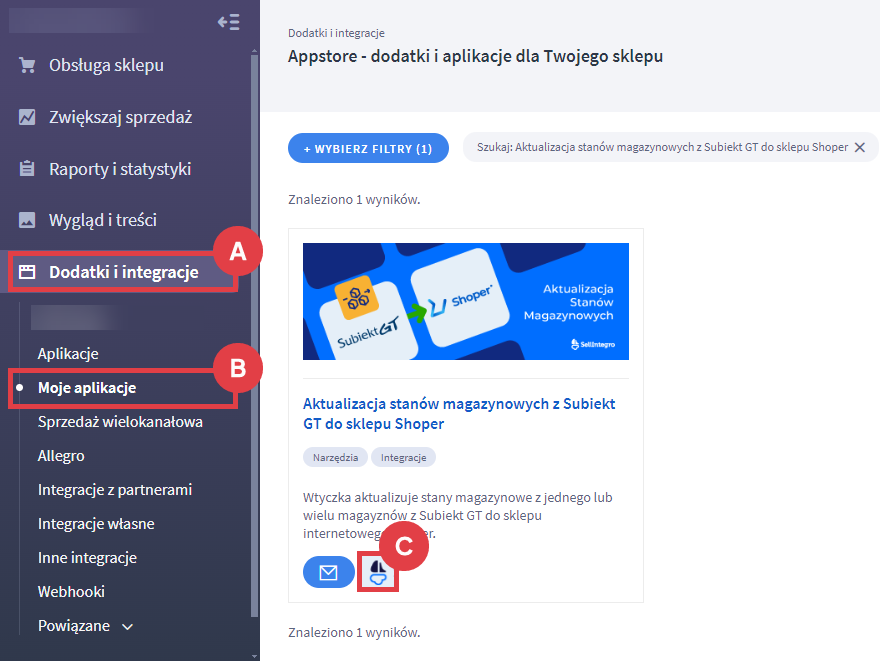 Przejdź do konfiguracji wtyczki aktualizującej stany magazynowe w sklepie Shoper Panel administracyjny sklepu > Dodatki i integracje > Moje aplikacje > Aktualizacja stanów magazynowych z Subiekt GT do sklepu Shoper