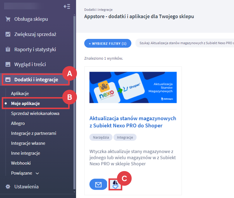Przejdź do ustawień wtyczki aktualizującej stany magazynowe z Subiekt Nexo PRO w sklepie Panel administracyjny sklepu > Dodatki i integracje > Moje aplikacje > Aktualizacja stanów magazynowych z Subiekt Nexo PRO do Shoper