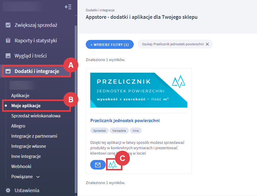 Panel administracyjny sklepu > Dodatki i integracje > Moje aplikacje > Przelicznik jednostek powierzchni