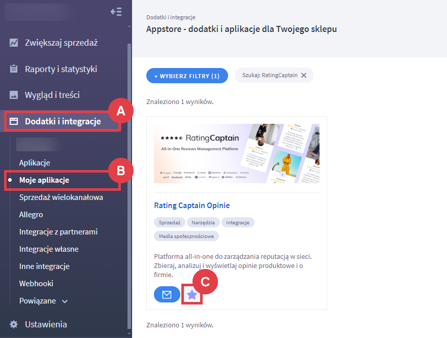 Panel administracyjny sklepu > Dodatki i integracje > Moje aplikacje > Rating Captain Opinie