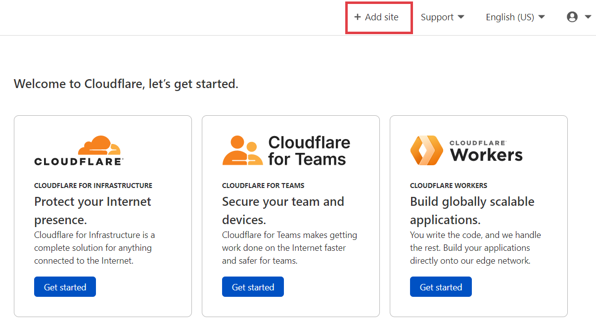 Kliknij: +Add site w górnej części strony Panel Cloudflare