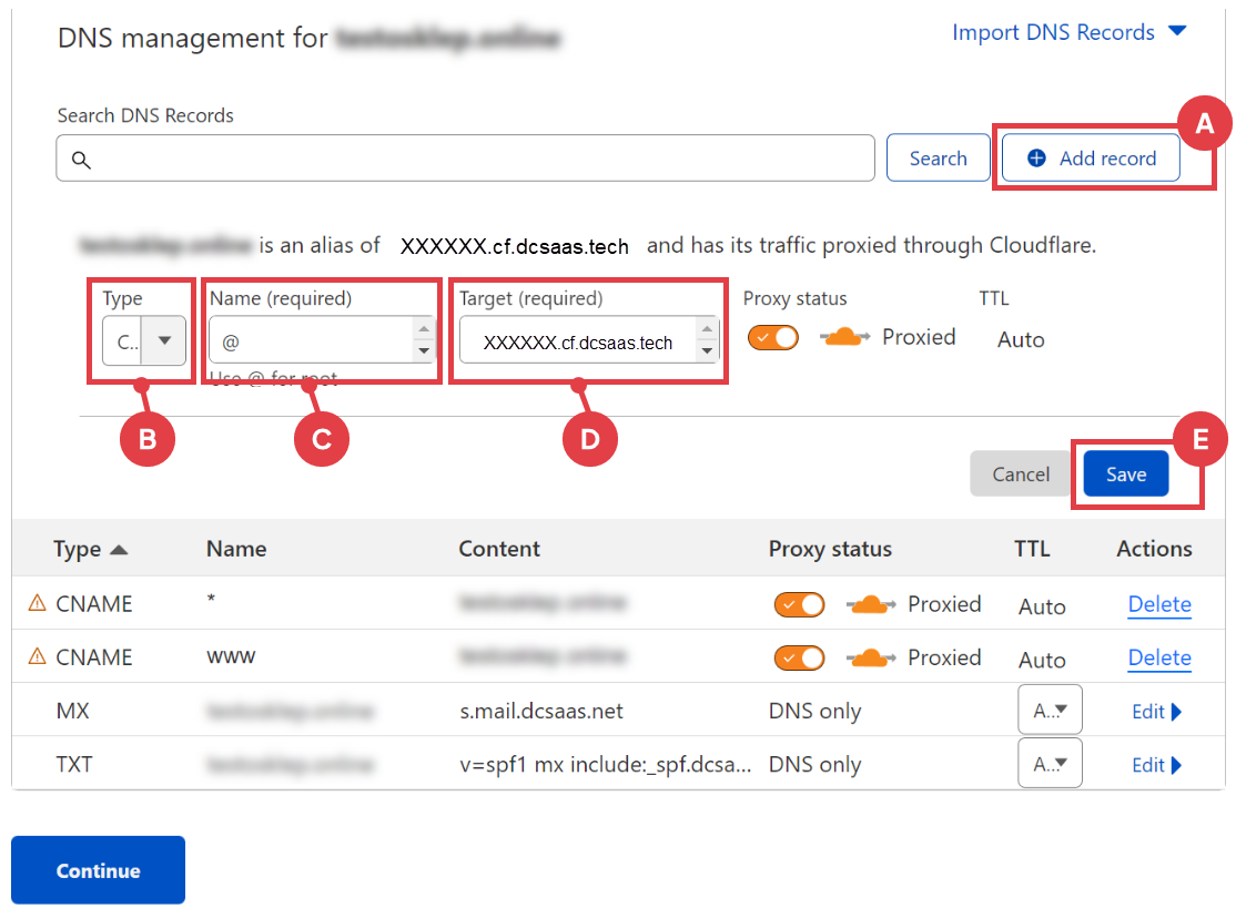 Dodaj nowy rekord CNAME Konfiguracja Cloudflare w sklepie Shoper