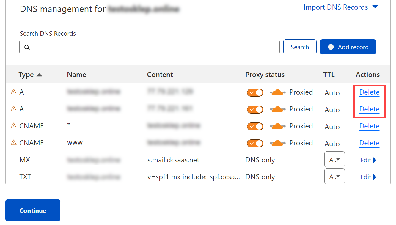 Usuń rekordy A danej domeny Konfiguracja Cloudflare w sklepie Shoper