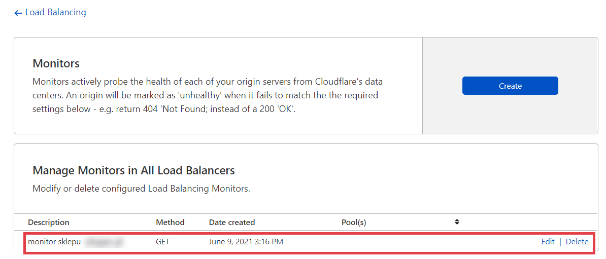 Panel Cloudflare > Load Balancing > Manage Monitors