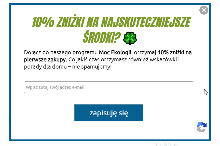 Przykład wyskakującego okna (pop-up) zachęcającego do dodania adresu e-mail do newslettera Okno pop-up z zapisem do newslettera