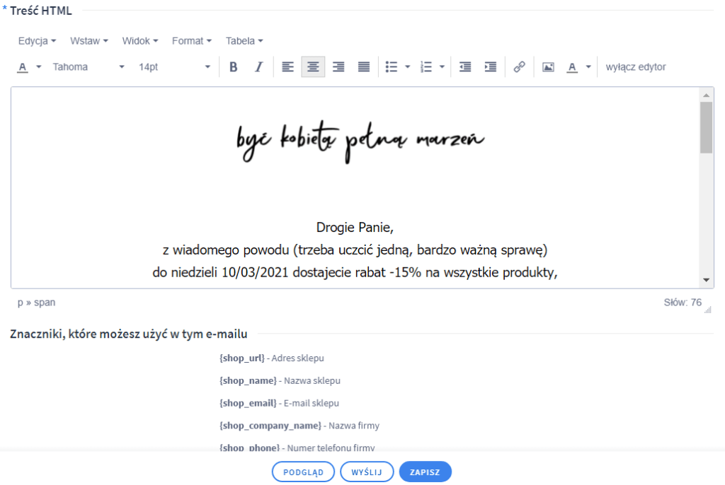 Formularz tworzenia wiadomości e-mail wysyłanej przez newsletter w sklepie Shoper Formularz tworzenia wiadomości e-mail wysyłanej przez newsletter w sklepie Shoper