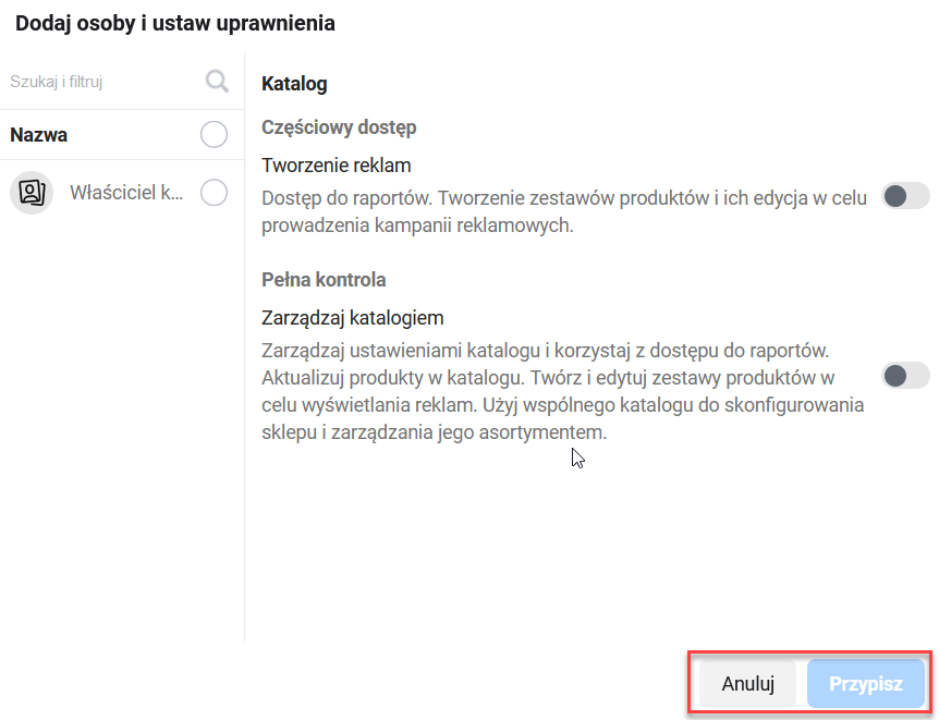 Dodawanie osób i konfiguracja uprawnień dla katalogu