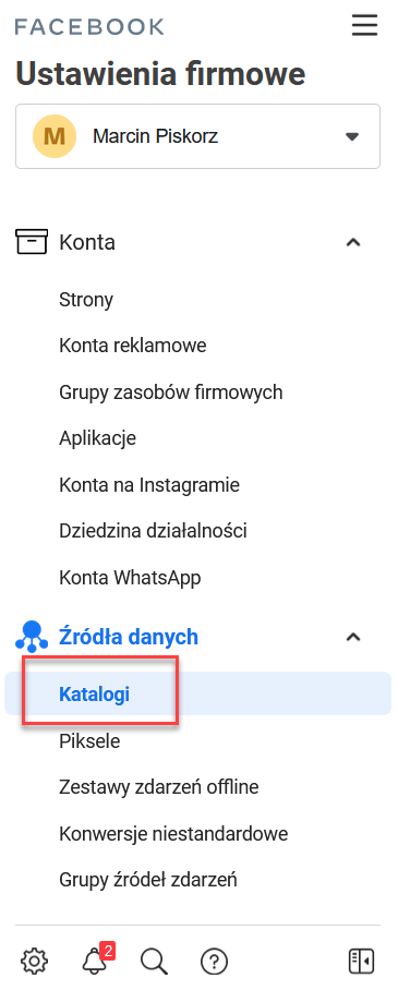 Dodatkowe opcje katalogu znajdują się w sekcji menu: Źródła danych > Katalogi