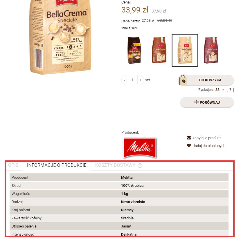 Atrybuty produktu przedstawione w formie tabelki w sklepie Shoper