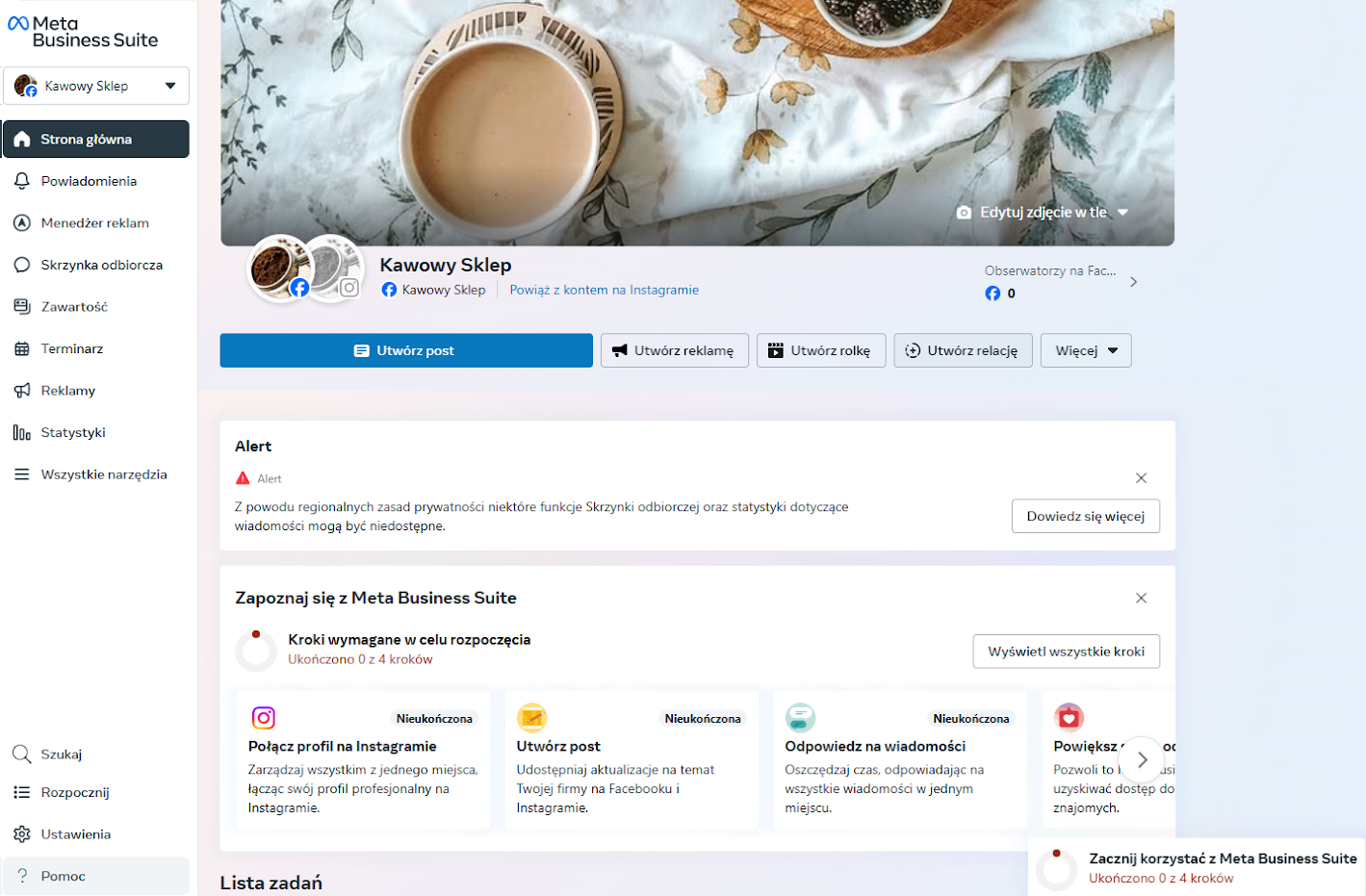 Widok strony na Facebooku w Meta Business Suite Strona na Facebooku widoczna po zalogowaniu do Meta Business Suite