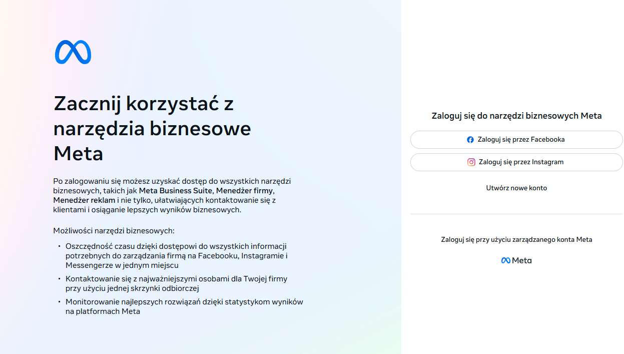 Załóż nowe konto w Meta Business Suite Ekran powitalny przed logowaniem lub rejestrowaniem konta w Meta Business Suite