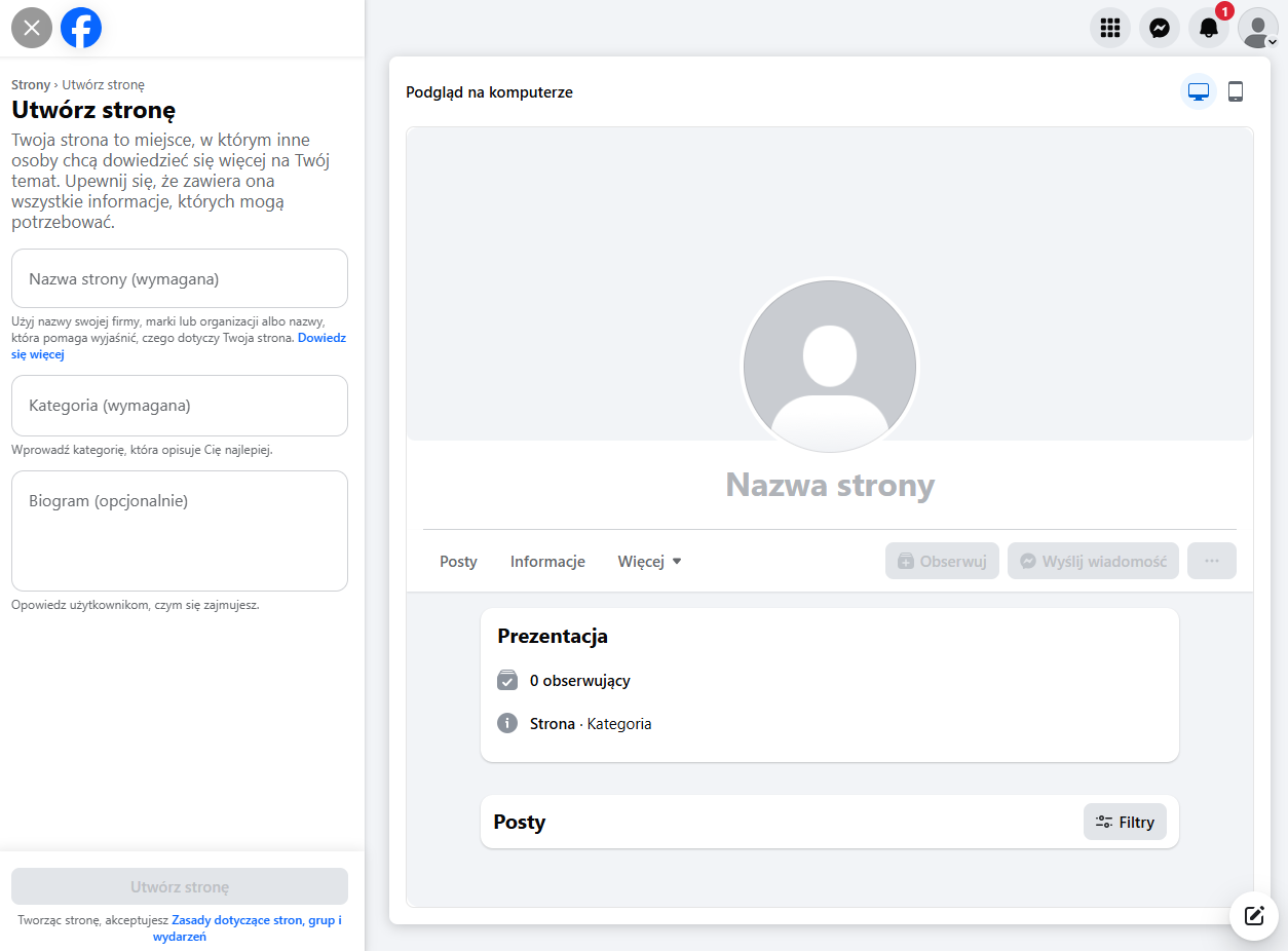 Utwórz nową stronę korzystając z kreatora Kreator tworzenia nowej strony na Facebook