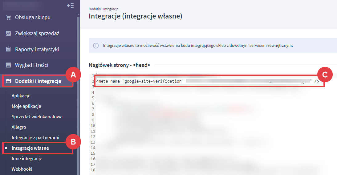 Panel administracyjny sklepu > Dodatki i integracje > Integracje własne > Nagłówek strony