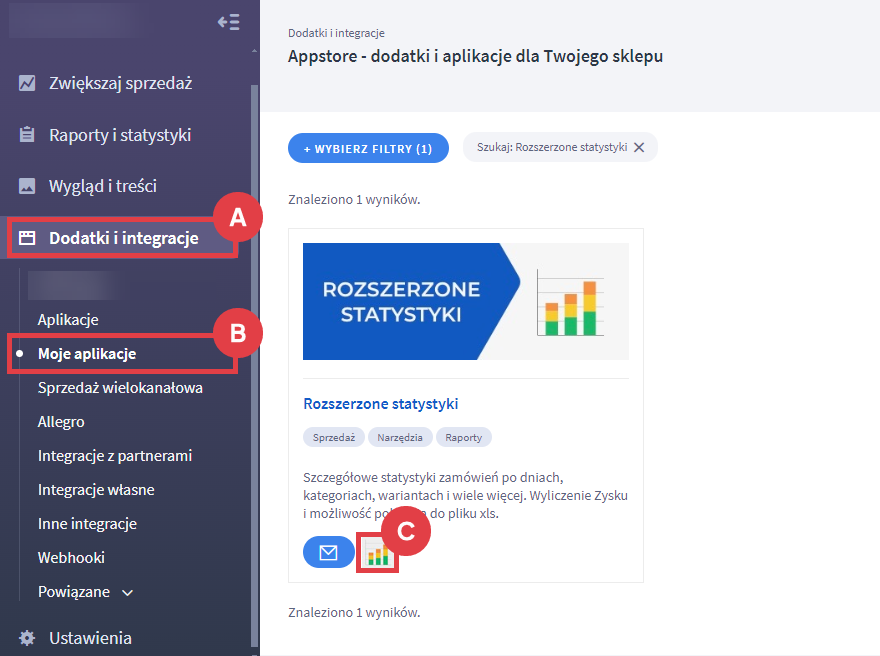 Uruchom aplikację do wyświetlenia statystyk o zamówieniach i produktach ze sklepu Panel administracyjny sklepu > Dodatki i integracje > Moje aplikacje > Rozszerzone statystyki