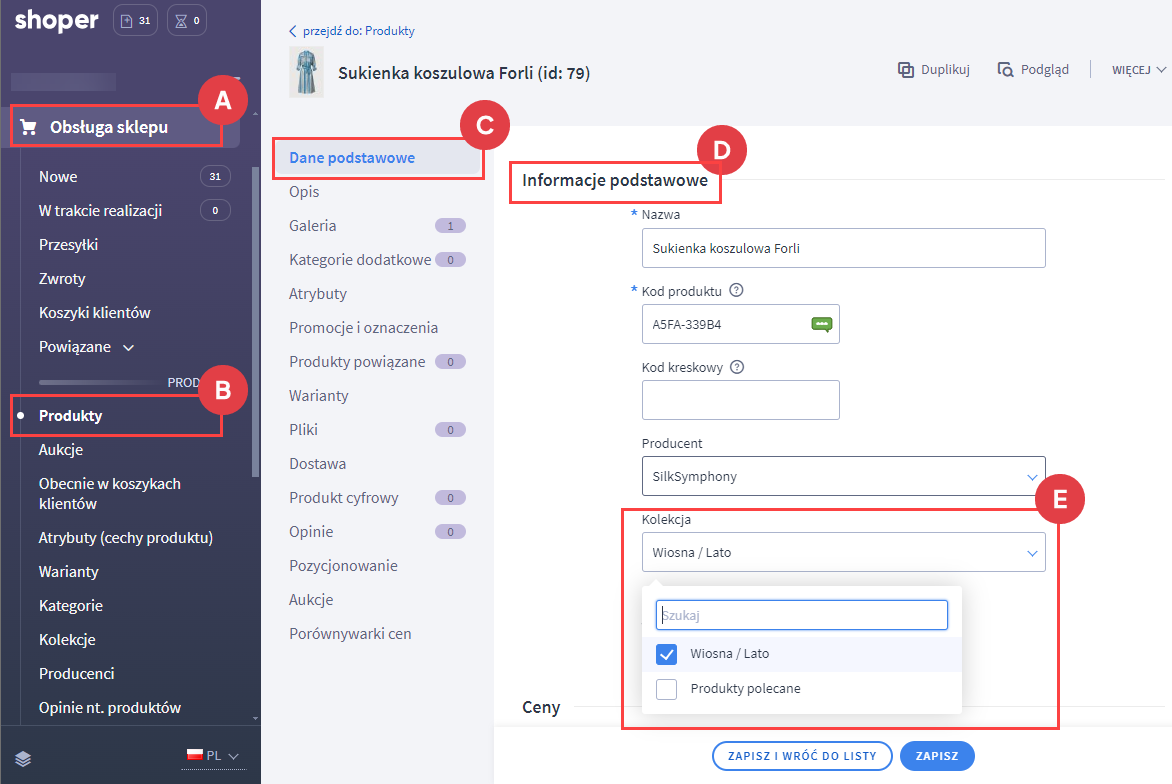 Panel administracyjny > Obsługa sklepu > Produkty > Edycja produktu > Dane Podstawowe