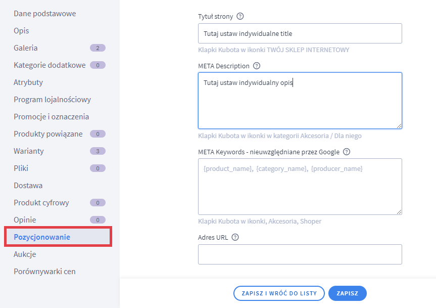 Panel administracyjny sklepu > Obsługa sklepu > Produkty > Edycja > Pozycjonowanie