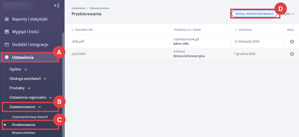 Panel administracyjny sklepu > Ustawienia > Zaawansowane > Przekierowania > Dodawanie przekierowania
