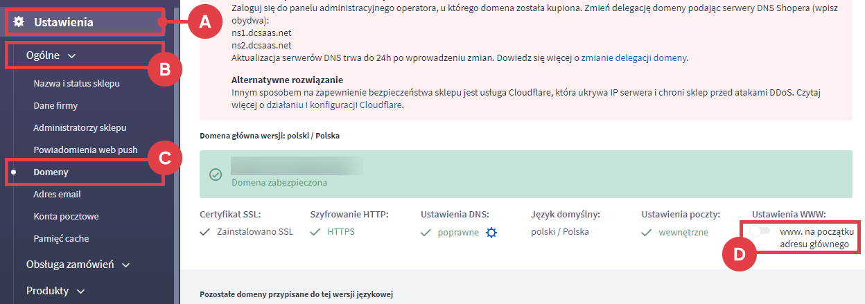 Panel administracyjny sklepu > Ustawienia > Ogólne > Domeny > Ustawienia WWW