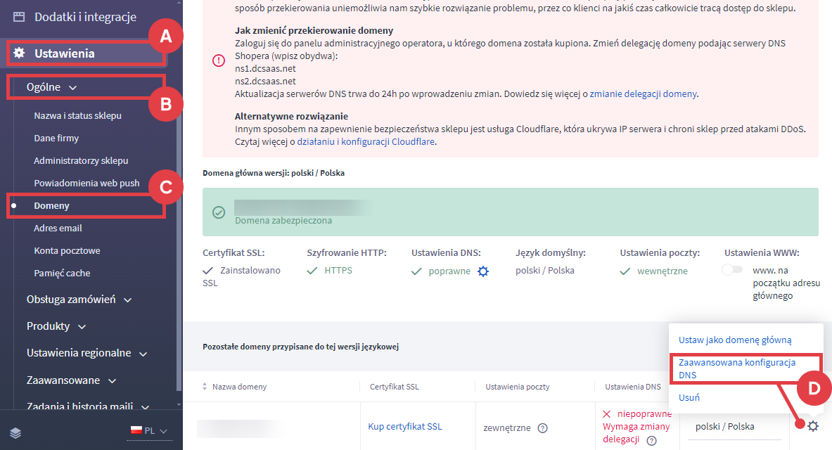 Przejdź do edycji strefy DNS domeny głównej Panel administracyjny sklepu > Ustawienia > Ogólne > Domeny > Zaawansowana konfiguracja DNS