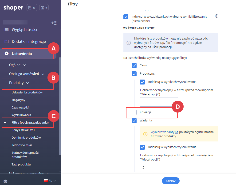 Panel administracyjny > Ustawienia > Produkty > Filtry (opcje przeglądania)