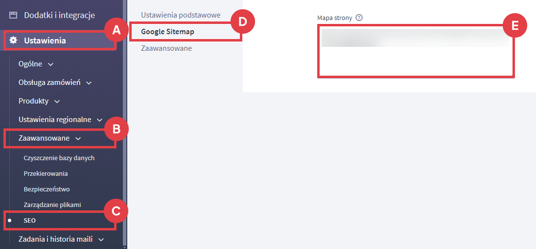 Panel administracyjny sklepu > Ustawienia > Zaawansowane > SEO > Google Sitemap > Mapa strony