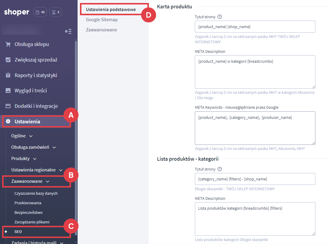 Panel administracyjny sklepu > Ustawienia > Zaawansowane > SEO > Ustawienia podstawowe