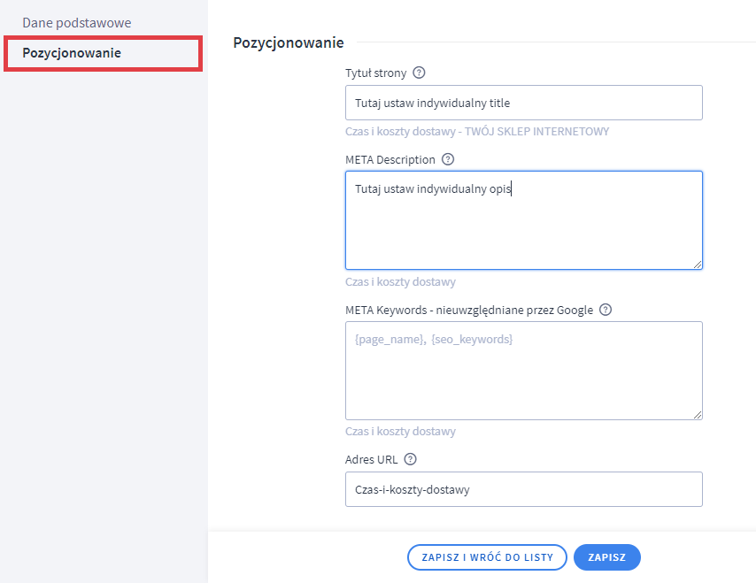 Panel administracyjny sklepu > Wygląd i treści > Strony informacyjne > Edycja > Pozycjonowanie
