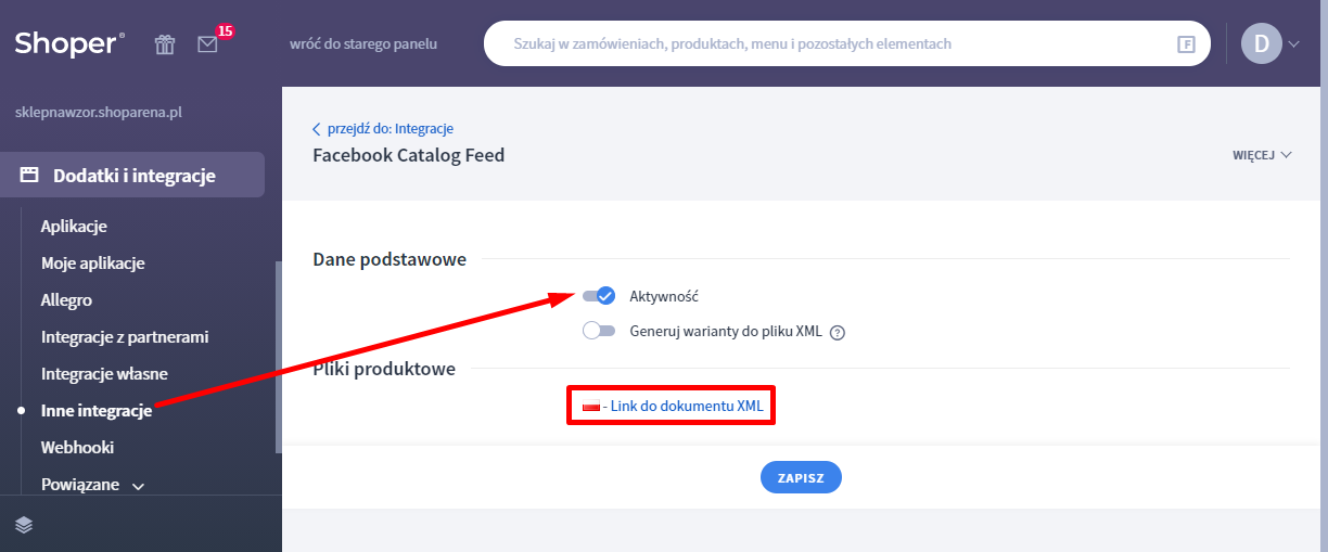 Przejdź do sekcji menu: Dodatki i integracje > Inne integracje > Facebook Catalog Feed i aktywuj integrację