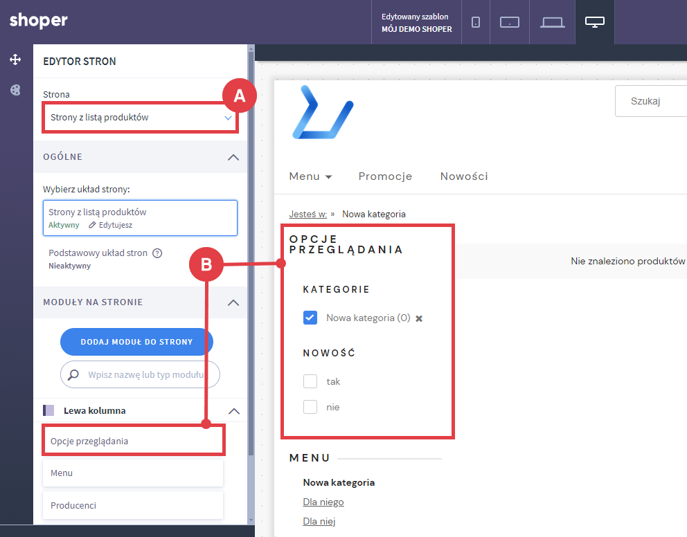 Shoper Visual Editor > Strony z listą produktów > Opcje przeglądania