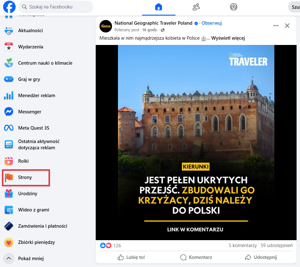 Aby utworzyć stronę na Facebooku, kliknij sekcję menu: Strony Przejdź do sekcji Strony w menu Facebooka, aby rozpocząć tworzenie nowej strony