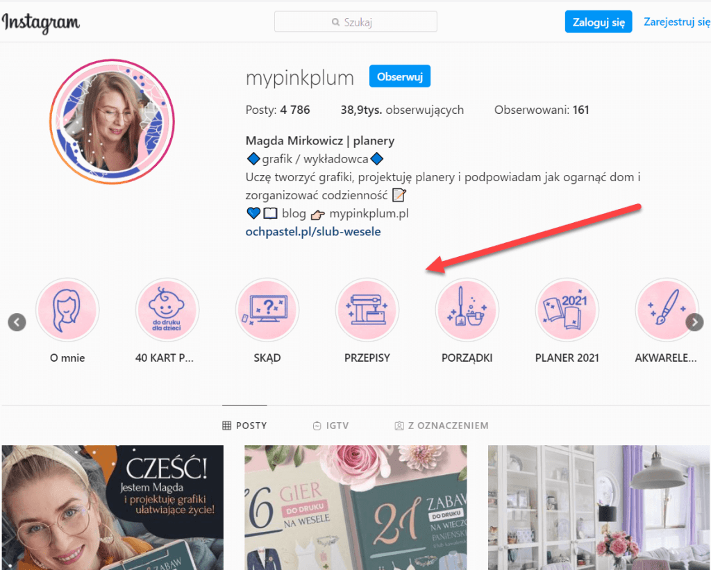 Przykład profilu na Instagram z zapisanymi wyróżnionymi relacjami Profil na Instagramie z zapisanymi relacjami