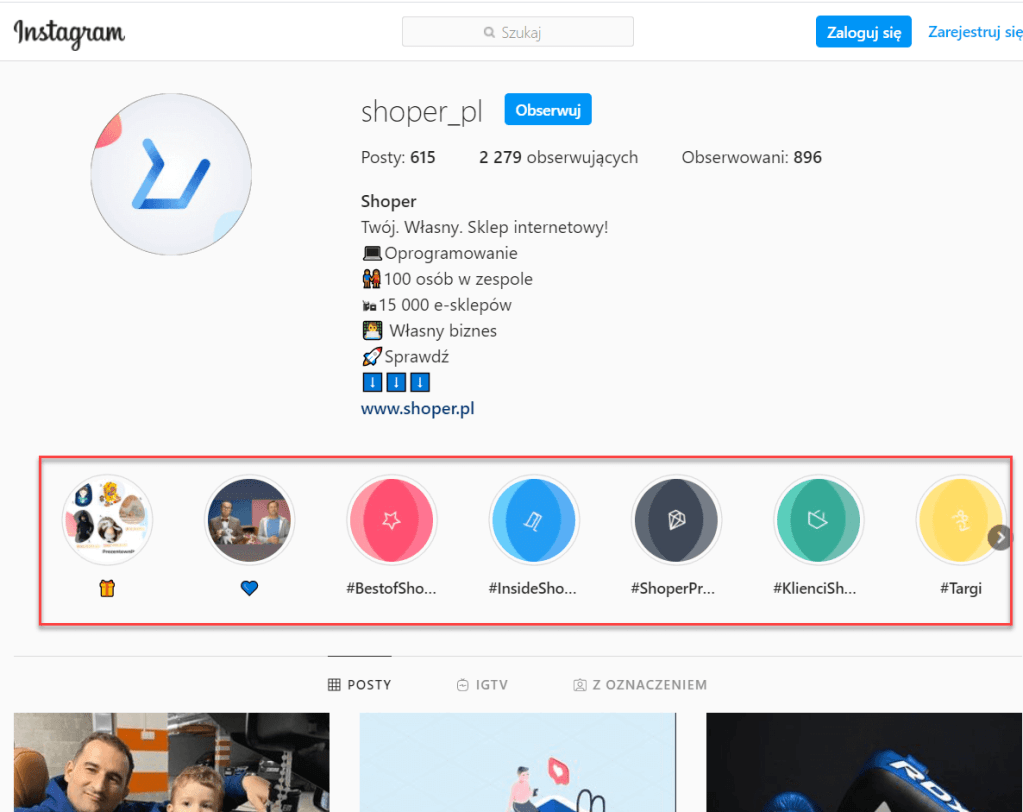 Przykład konta na Instagramie z zapisanymi wyróżnionymi relacjami Konto na Instagramie z zapisanymi relacjami
