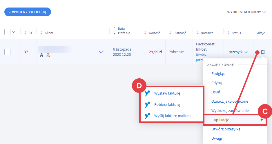 Użyj aplikacji Infakt.pl do wystawienia faktury dla danego zamówienia w sklepie Shoper Panel administracyjny sklepu > Obsługa sklepu > Zamówienia > Aplikacje > Infakt.pl