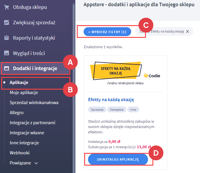 Wyszukaj aplikację do instalacji Panel administracyjny > Dodatki i integracje > Aplikacje