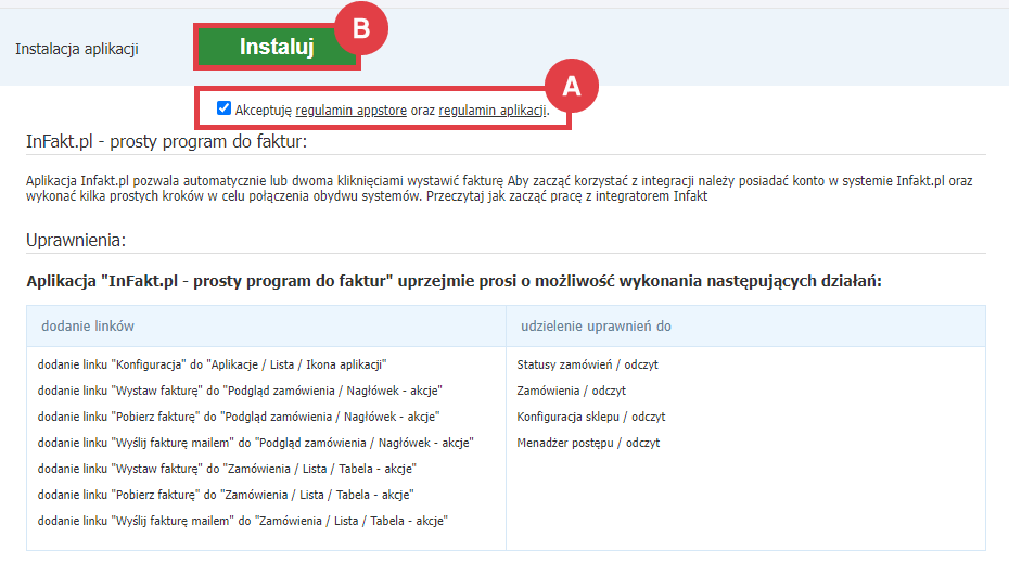Panel administracyjny sklepu > Dodatki i integracje > Aplikacje > Infakt.pl - prosty program do faktur > Instalacja
