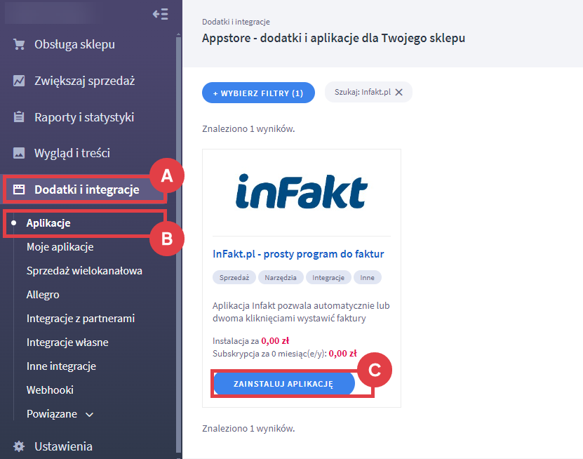 Panel administracyjny sklepu > Dodatki i integracje > Aplikacje > Infakt.pl - prosty program do faktur