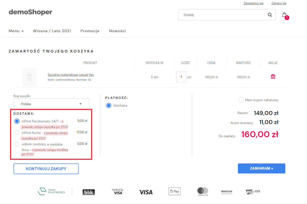 Widok strony sklepu Shoper > Koszyk > Dodatkowe opisy przy dostawie