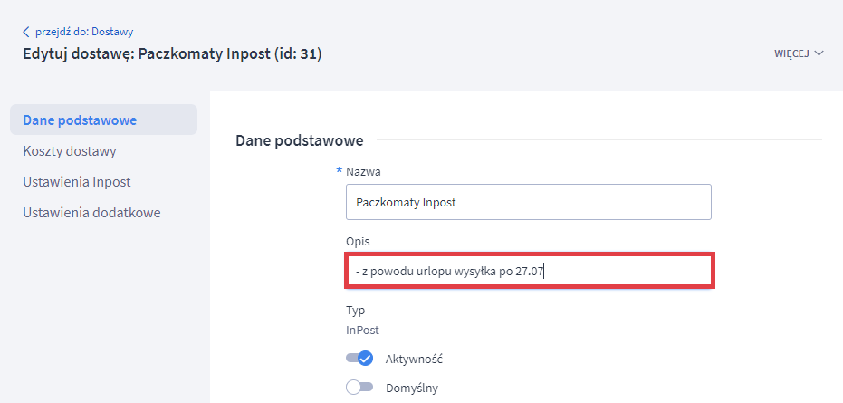 Panel administracyjny sklepu > Ustawienia > Obsługa zamówień > Formy dostawy > Edycja > Opis