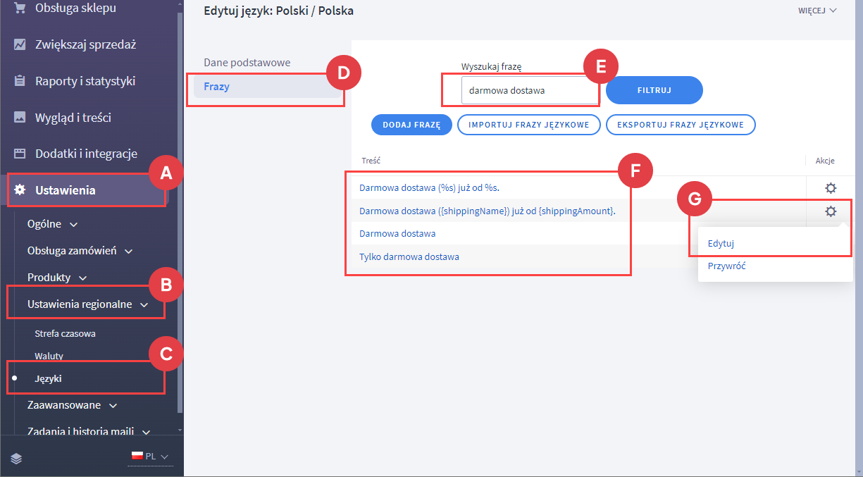 Edycja fraz językowy dla darmowej dostawy Panel administracyjny > Ustawienia > Ustawienia regionalne > Języki > Polski > Frazy
